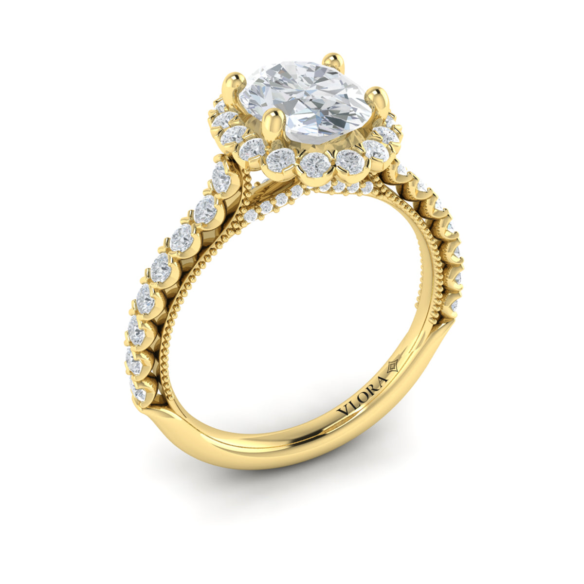 14kt Yellow Gold Oval Diamond Floral Halo Ring