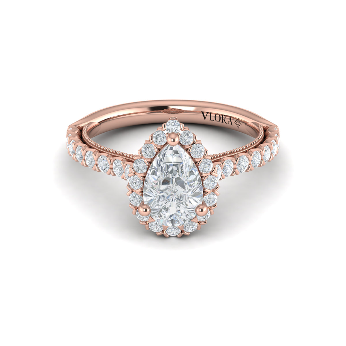 14K Rose Gold Pear Diamond Vintage Halo Engagement Ring