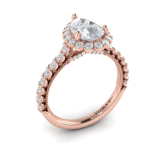 14K Rose Gold Pear Diamond Vintage Halo Engagement Ring