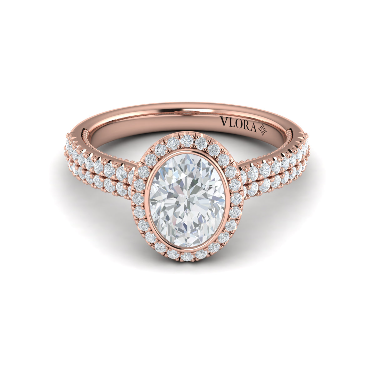 14K Rose Gold Oval Diamond Bezel Halo Engagement Ring