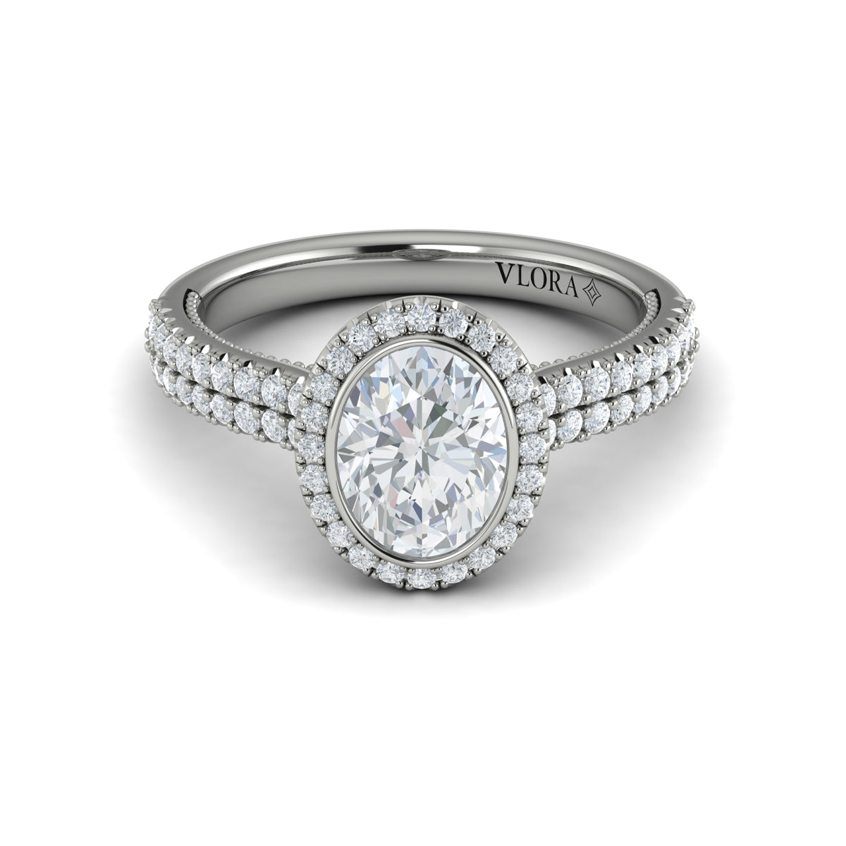 14kt White Gold Oval Diamond Bezel Halo Engagement Ring