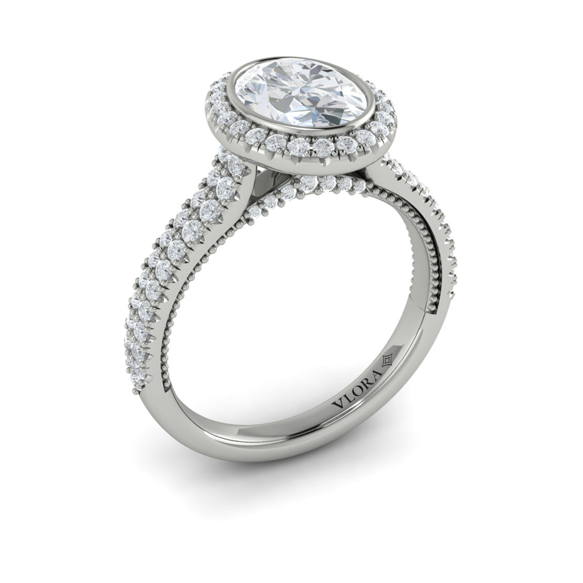 14kt White Gold Oval Diamond Bezel Halo Engagement Ring
