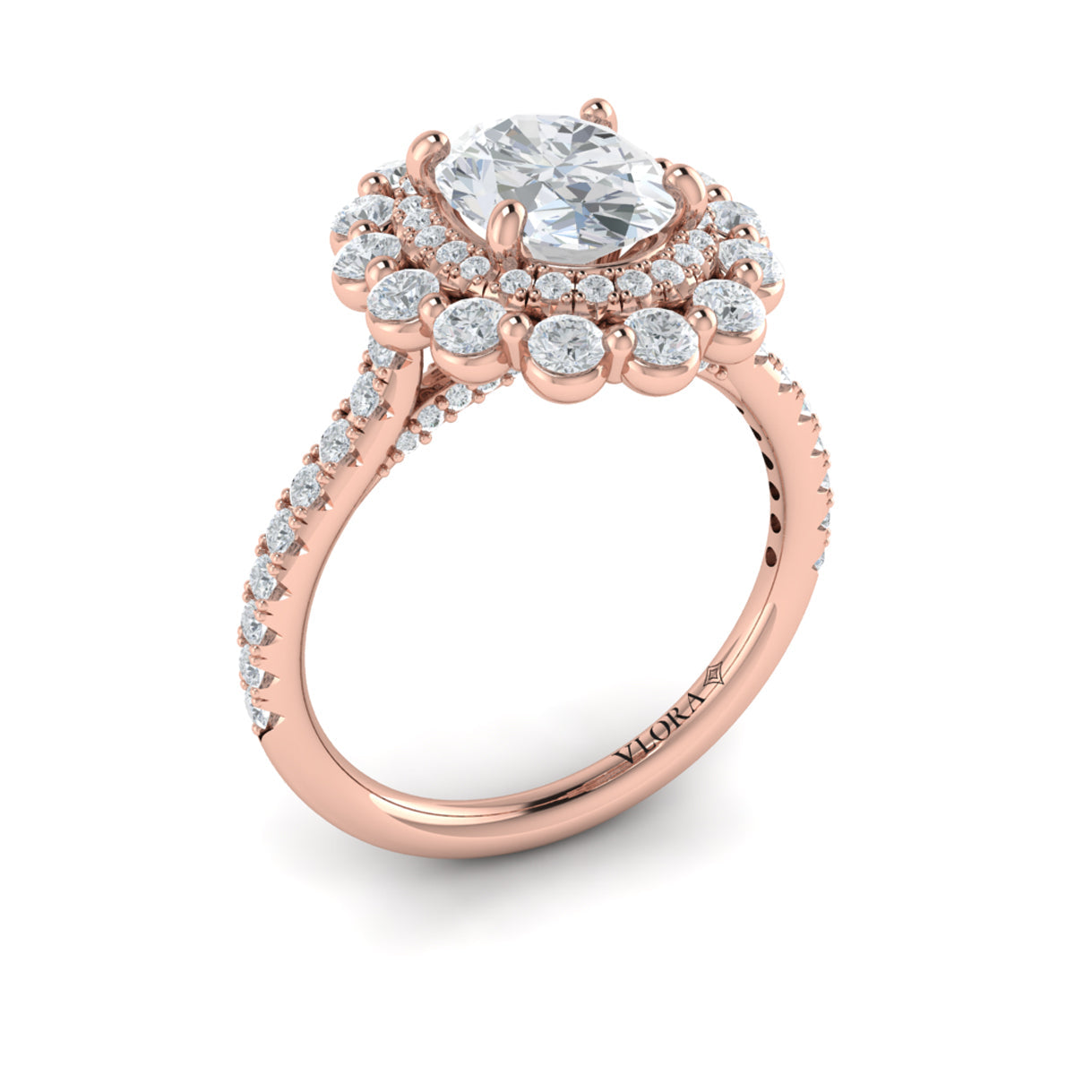 14kt Rose Gold Oval Diamond Floral Halo Engagement Ring