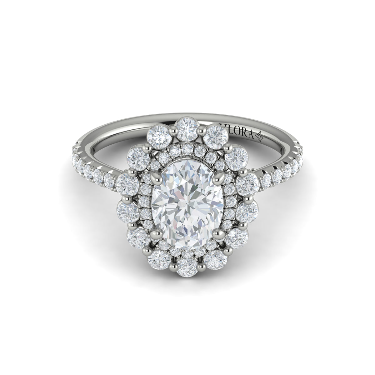 14K White Gold Oval Diamond Floral Halo Ring
