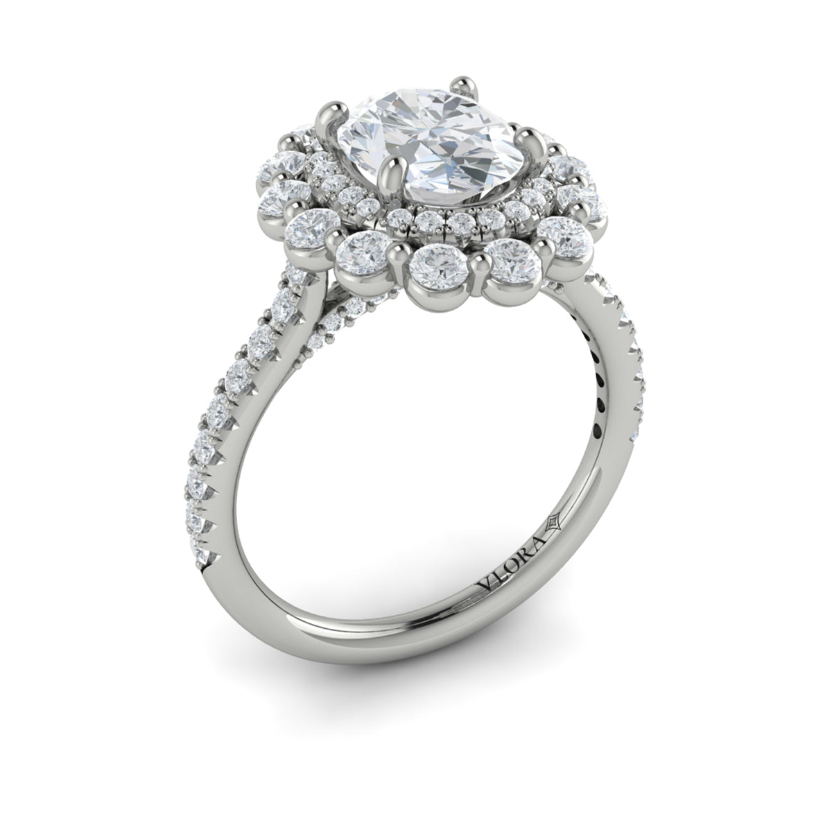 14K White Gold Oval Diamond Floral Halo Ring