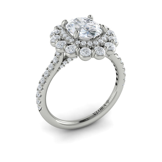 14K White Gold Oval Diamond Floral Halo Ring