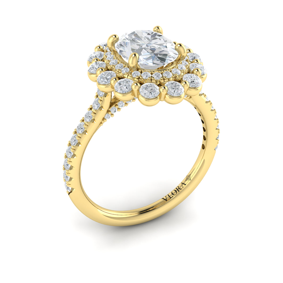 14kt Yellow Gold Oval Diamond Floral Halo Engagement Ring