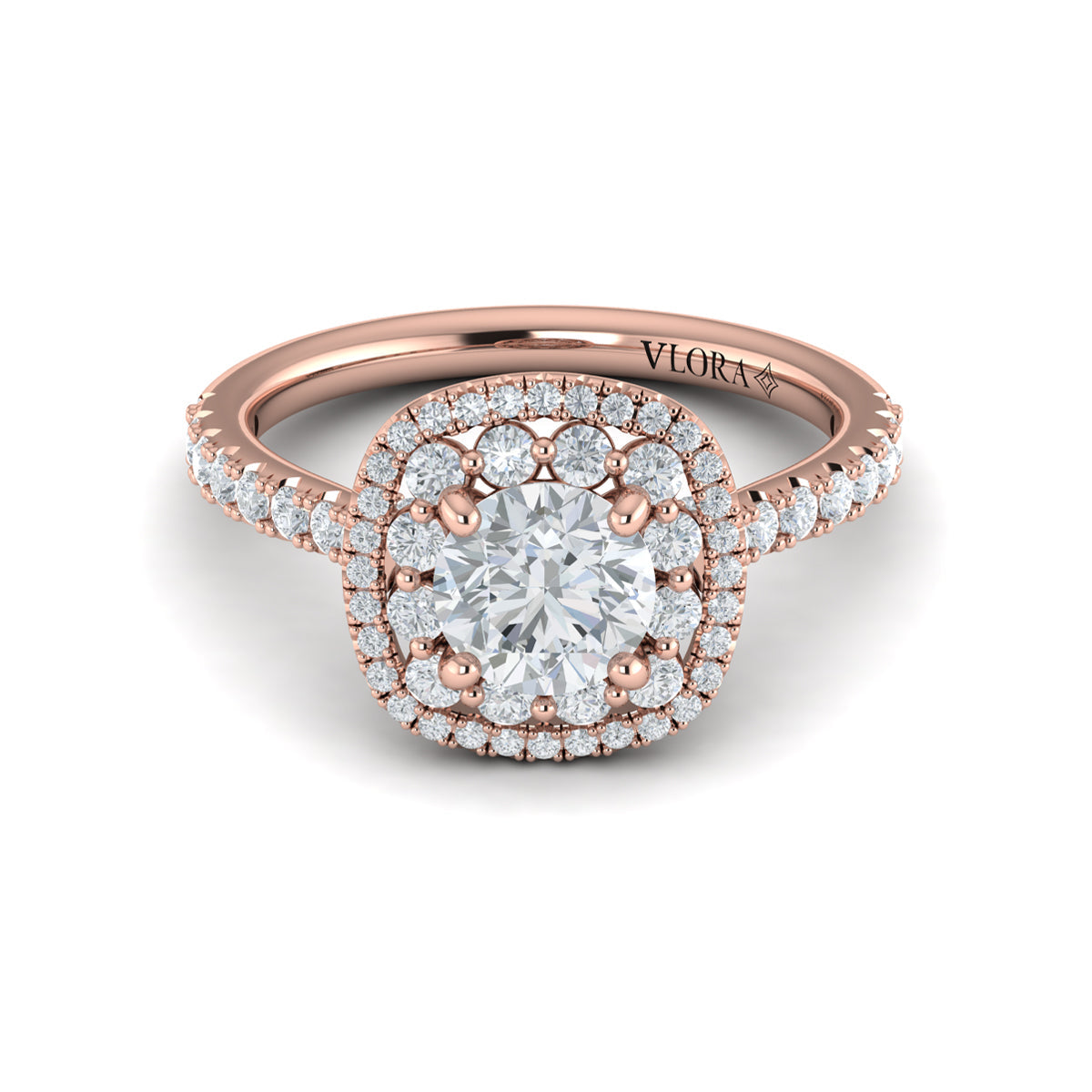 14K Rose Gold Double Halo Round Diamond Engagement Ring