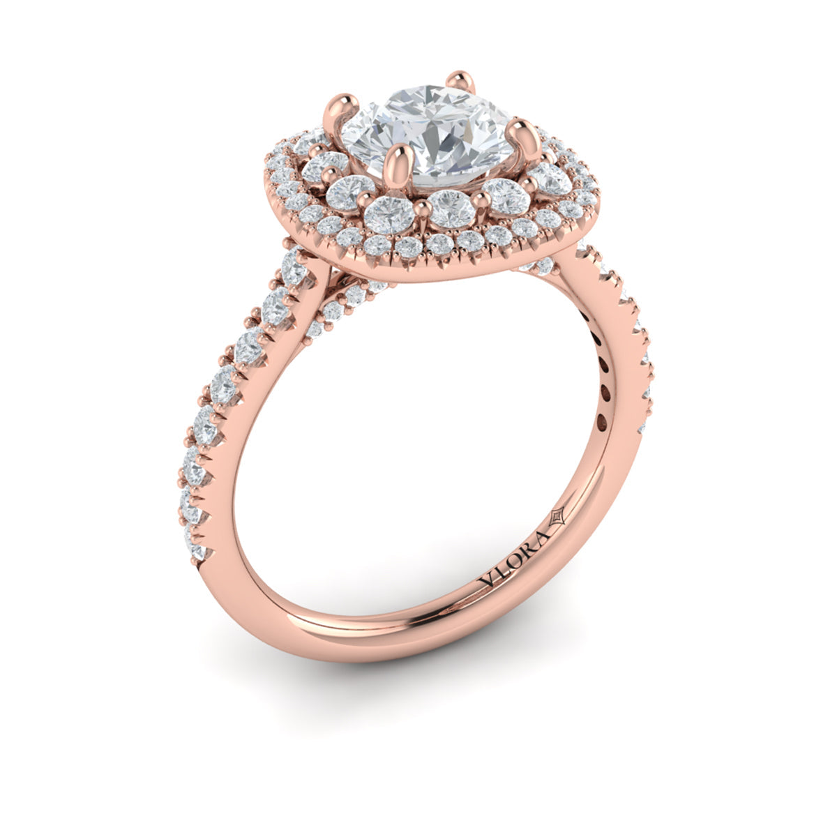 14K Rose Gold Double Halo Round Diamond Engagement Ring