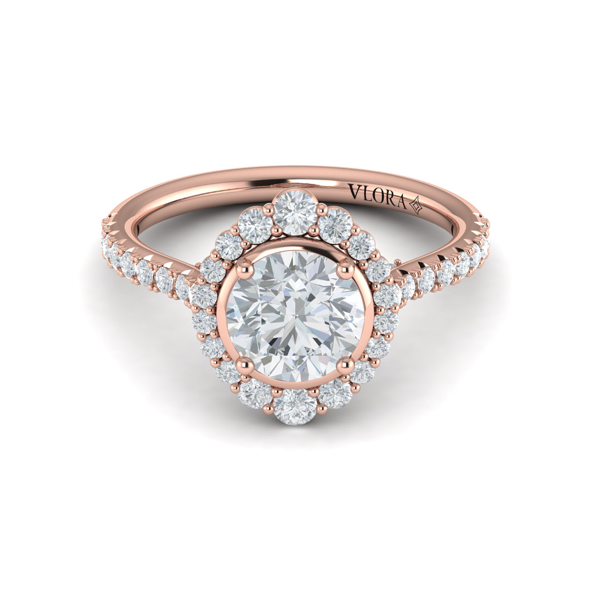 14K Rose Gold Round Diamond Cathedral Halo Ring