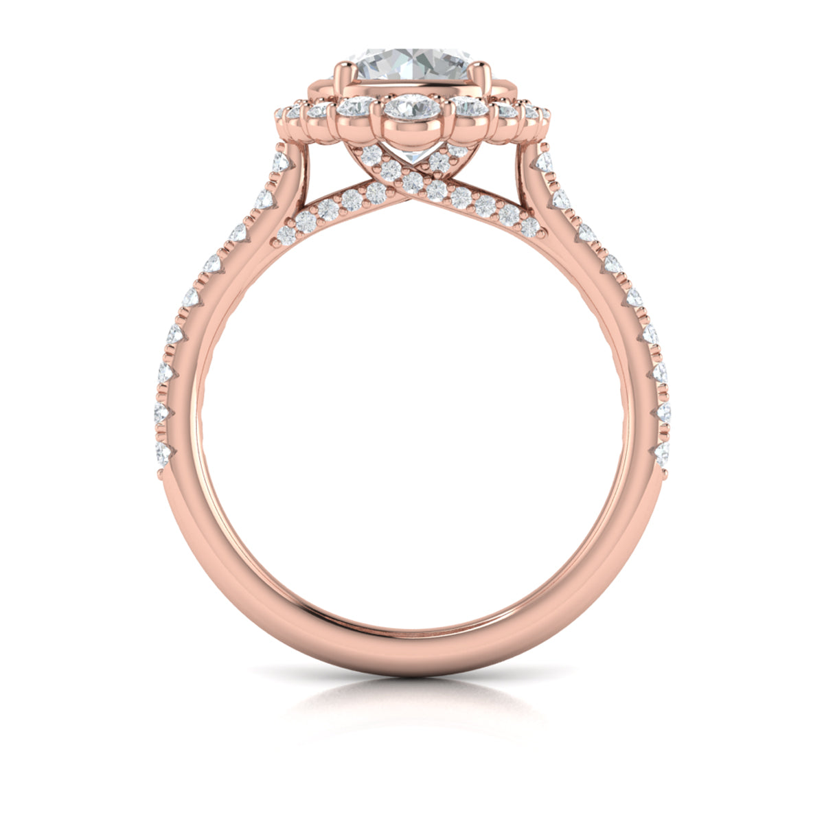 14K Rose Gold Round Diamond Cathedral Halo Ring