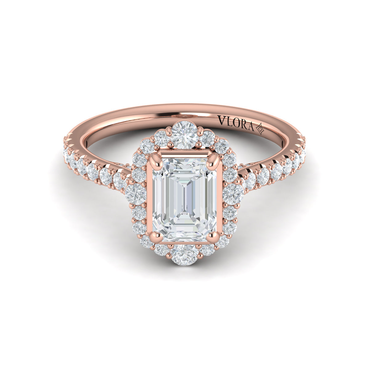 14K Rose Gold Emerald Cut Cathedral Halo Engagement Ring