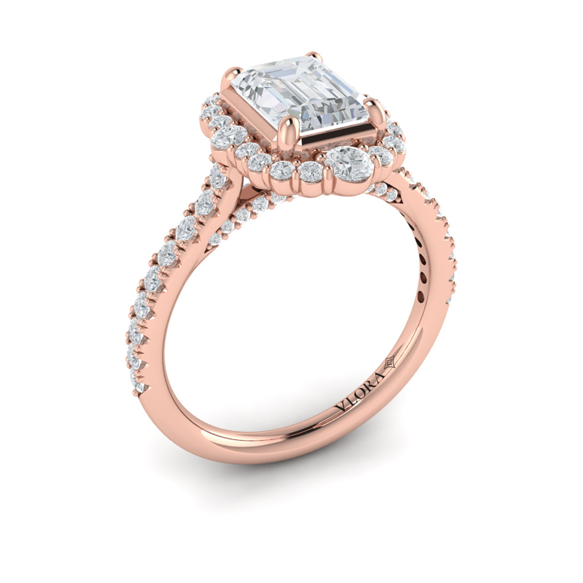 14K Rose Gold Emerald Cut Cathedral Halo Engagement Ring