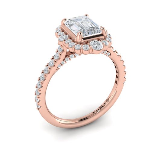 14K Rose Gold Emerald Cut Cathedral Halo Engagement Ring