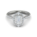 Platinum Cathedral Emerald Cut Diamond Halo Engagement Ring