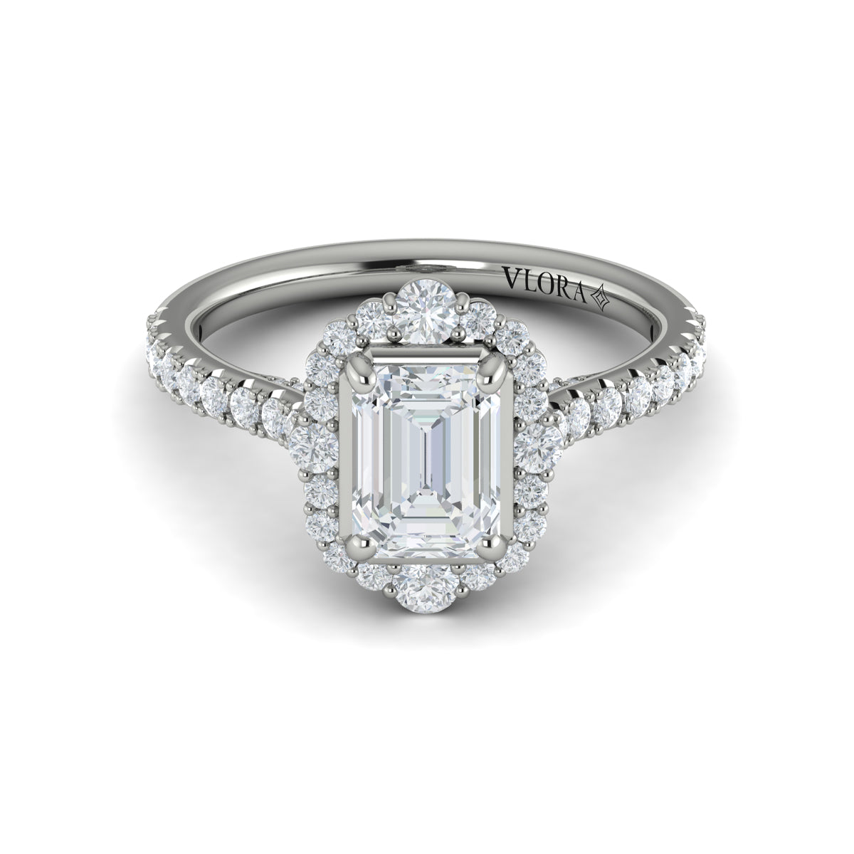 Platinum Cathedral Emerald Cut Diamond Halo Engagement Ring