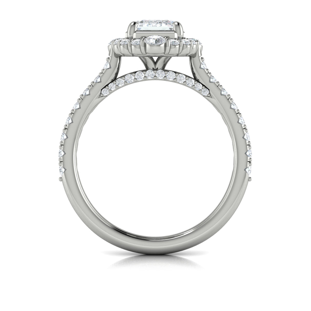 Platinum Cathedral Emerald Cut Diamond Halo Engagement Ring