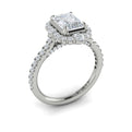 Platinum Cathedral Emerald Cut Diamond Halo Engagement Ring