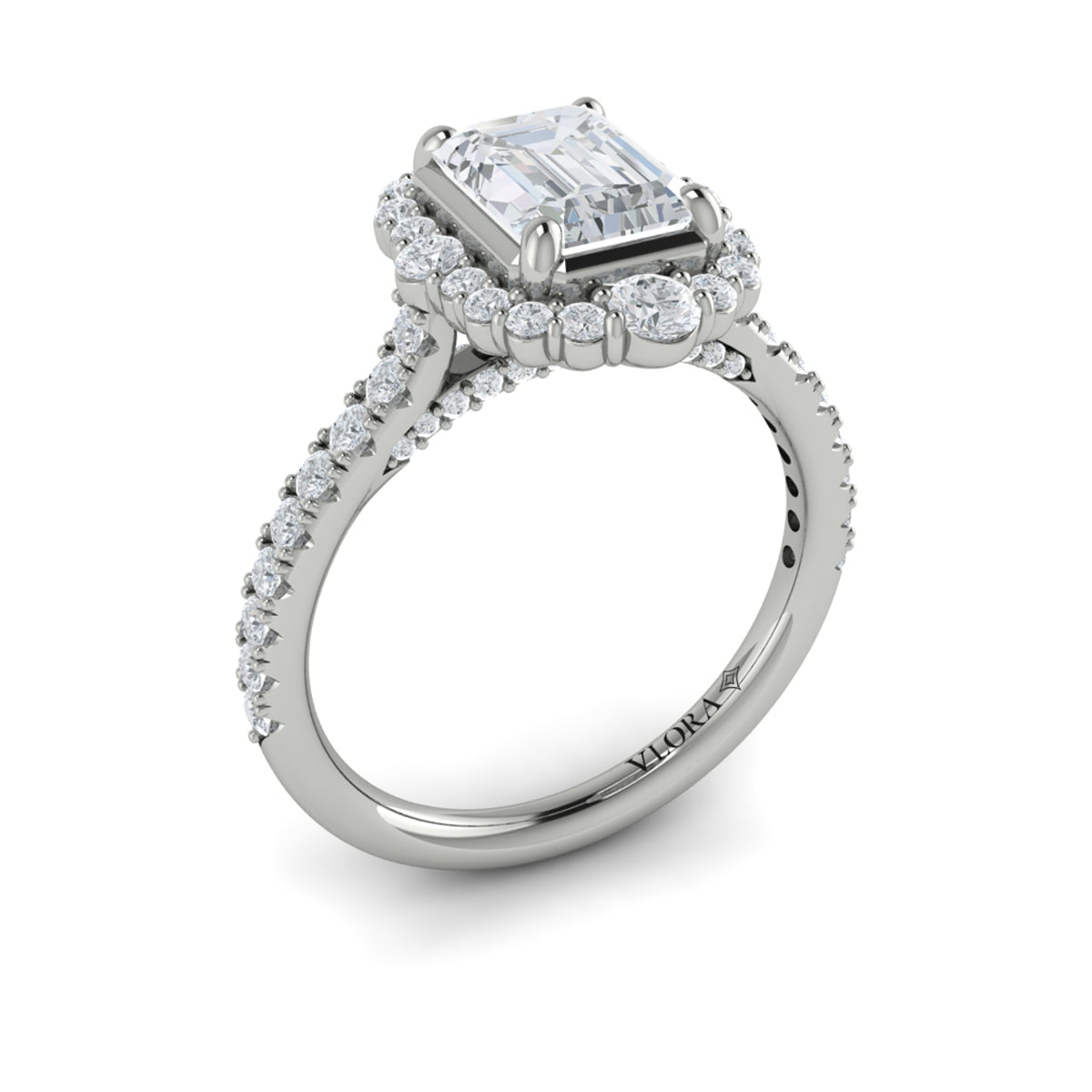 Platinum Cathedral Emerald Cut Diamond Halo Engagement Ring