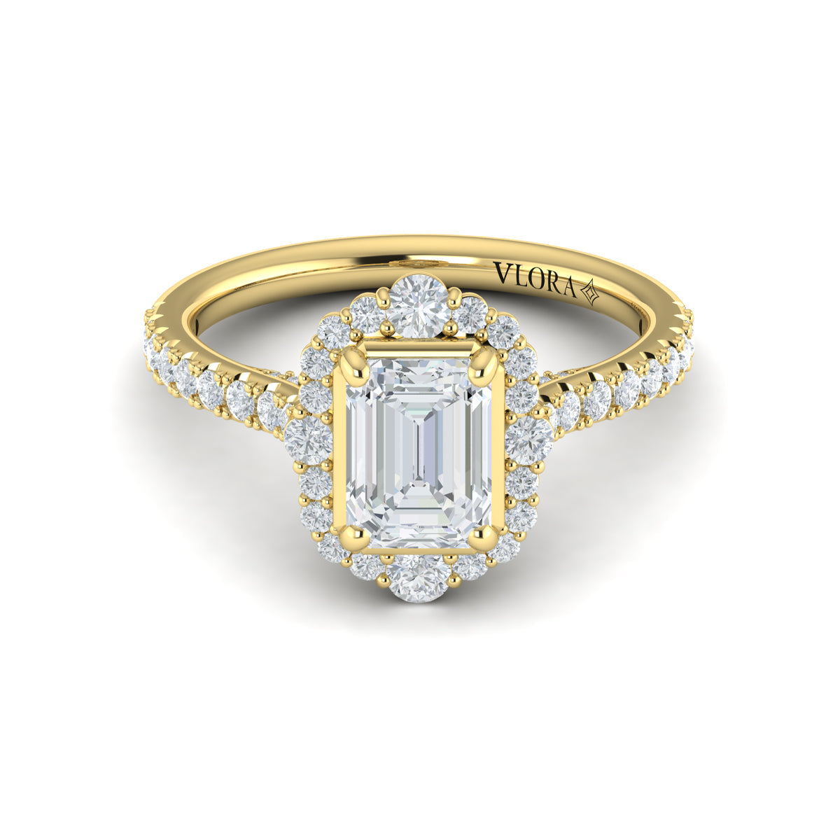 14kt Yellow Gold Emerald Cut Cathedral Halo Ring