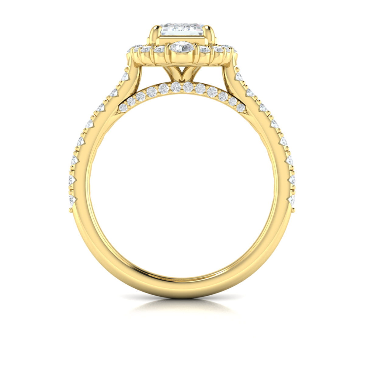 14kt Yellow Gold Emerald Cut Cathedral Halo Ring