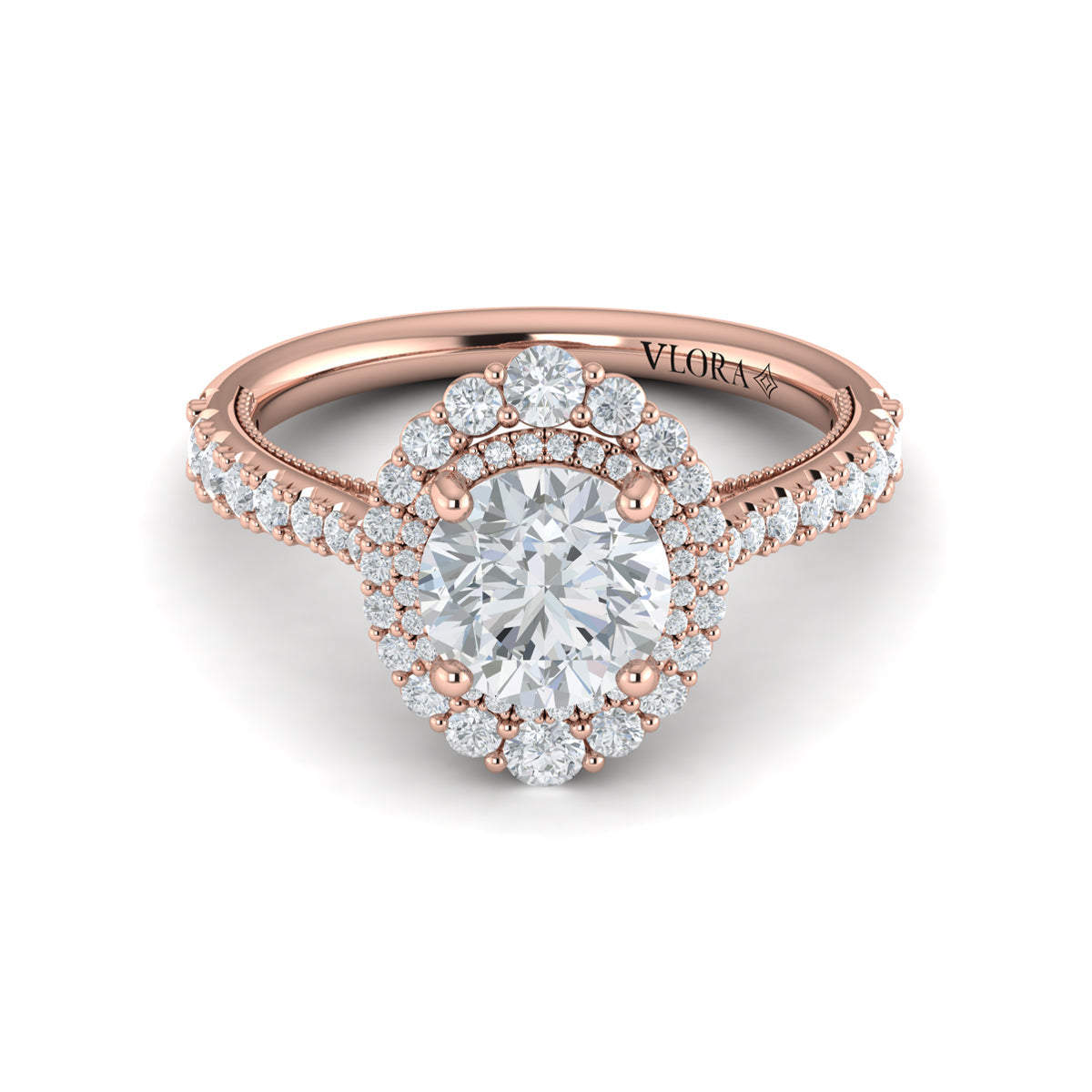 14K Rose Gold Round Diamond Double Halo Engagement Ring