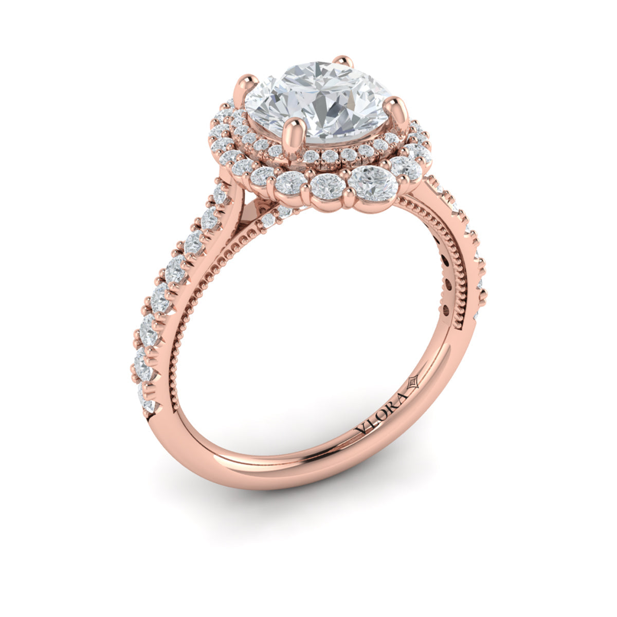 14K Rose Gold Round Diamond Double Halo Engagement Ring