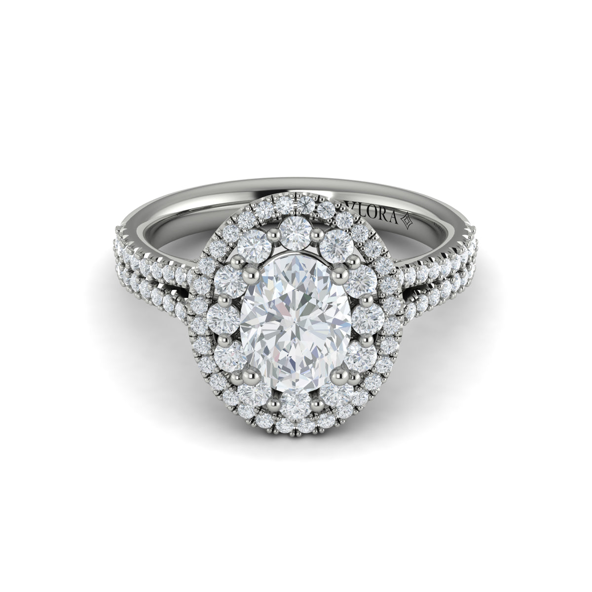 14K White Gold Oval Double Halo Split Shank Ring