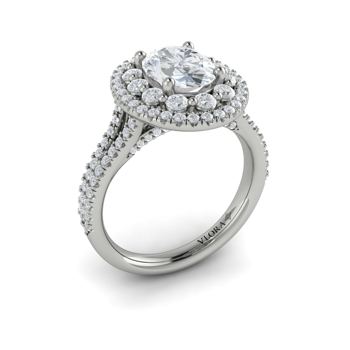 14K White Gold Oval Double Halo Split Shank Ring