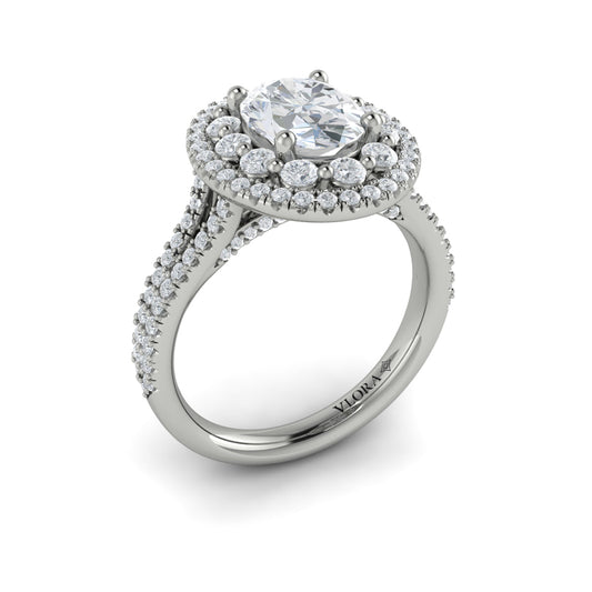 14K White Gold Oval Double Halo Split Shank Ring