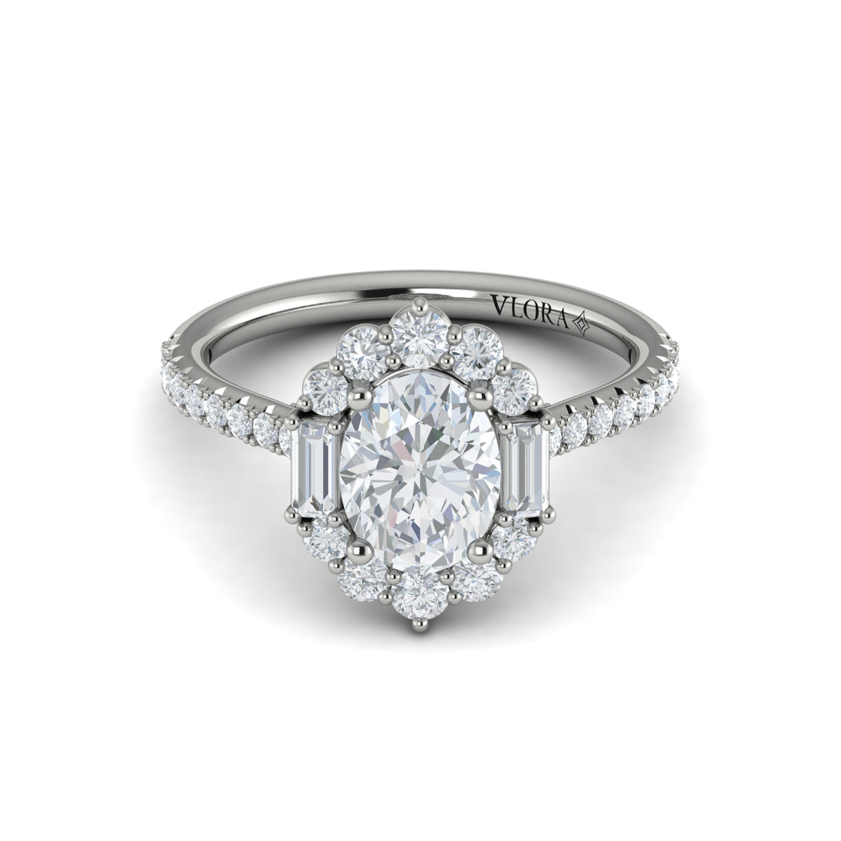14K White Gold Oval Diamond Baguette Halo Ring