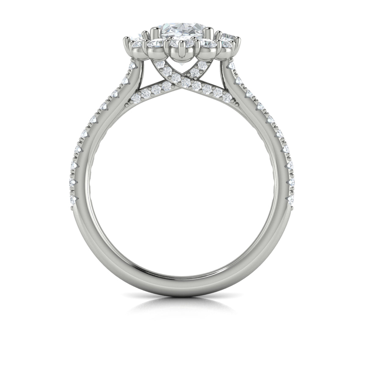 14K White Gold Oval Diamond Baguette Halo Ring