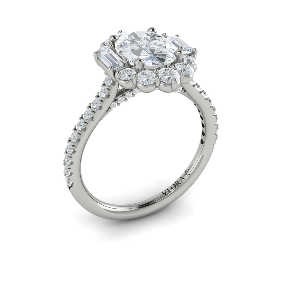 14K White Gold Oval Diamond Baguette Halo Ring