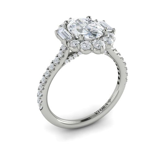 14K White Gold Oval Diamond Baguette Halo Ring