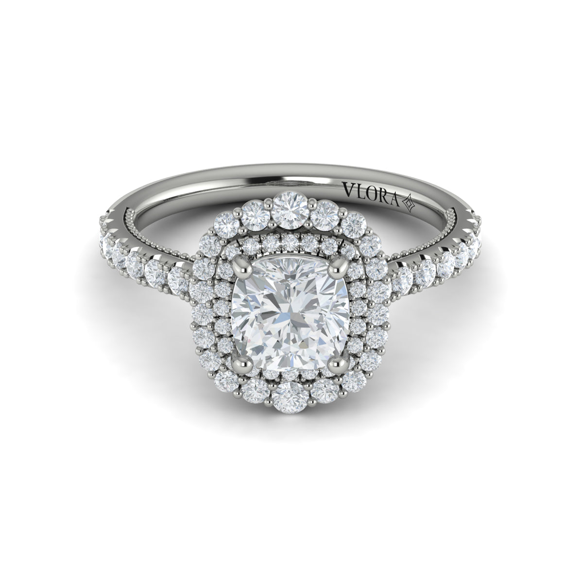 14kt White Gold Cushion Diamond Cathedral Halo Ring