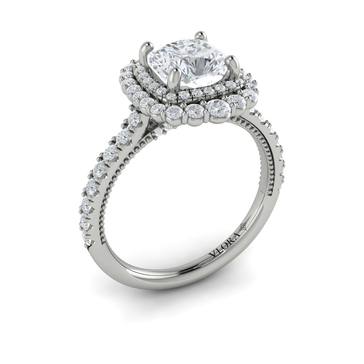 14kt White Gold Cushion Diamond Cathedral Halo Ring