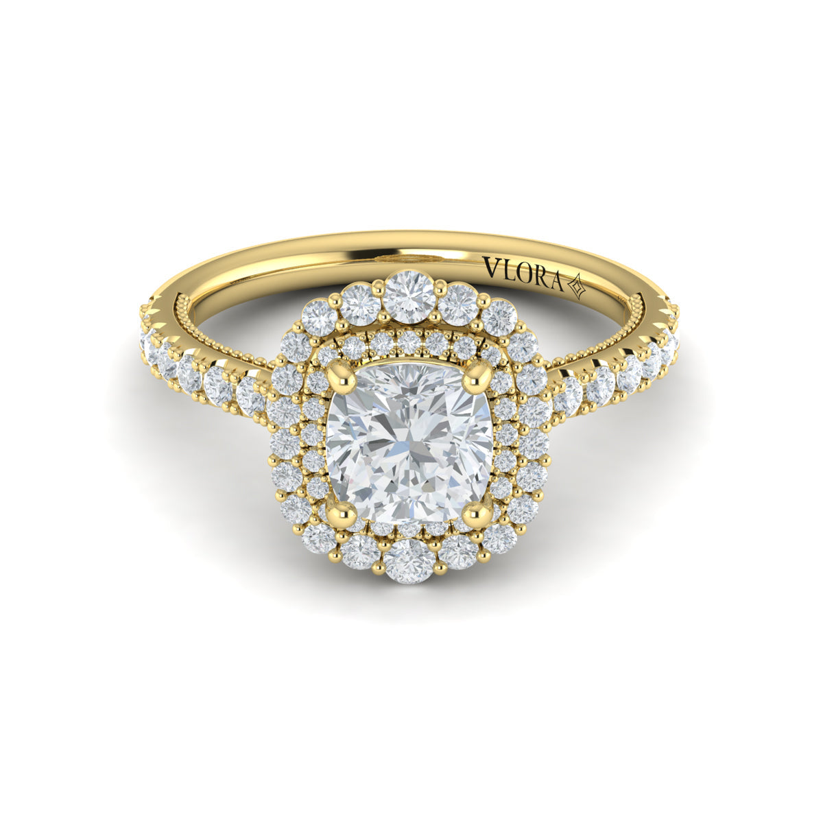 14kt Yellow Gold Cushion Diamond Cathedral Halo Ring