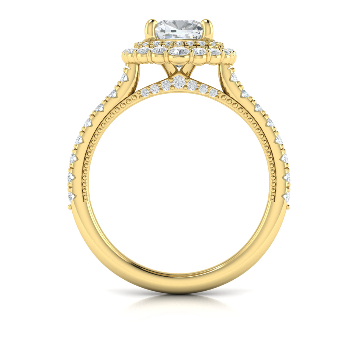 14kt Yellow Gold Cushion Diamond Cathedral Halo Ring