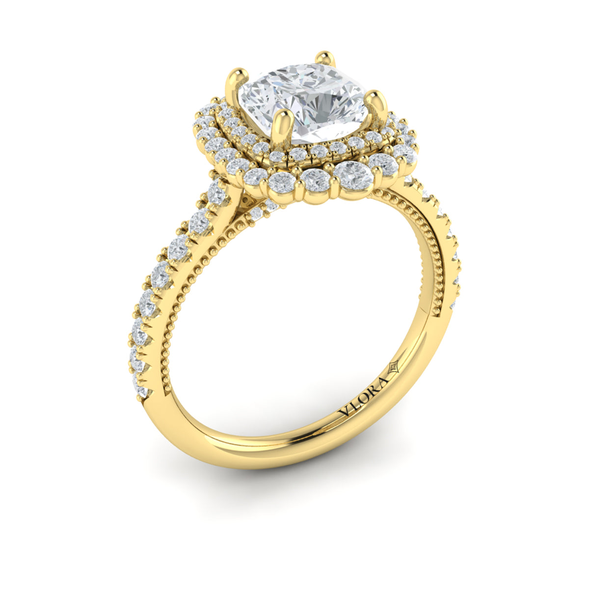 14kt Yellow Gold Cushion Diamond Cathedral Halo Ring