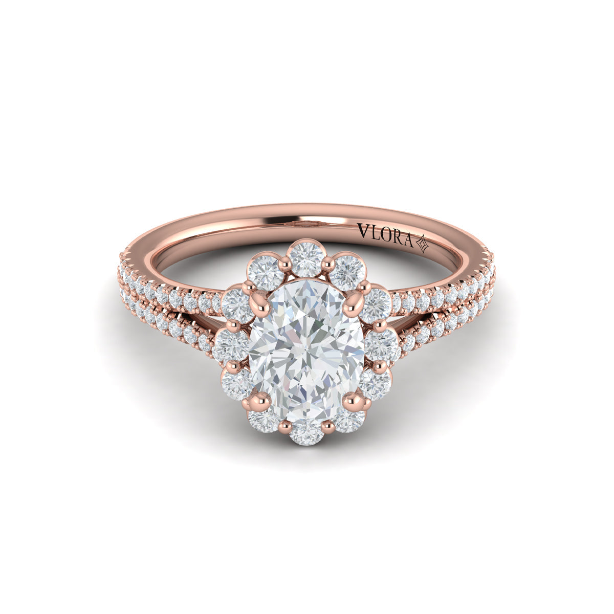 14K Rose Gold Oval Diamond Halo Split Shank Ring