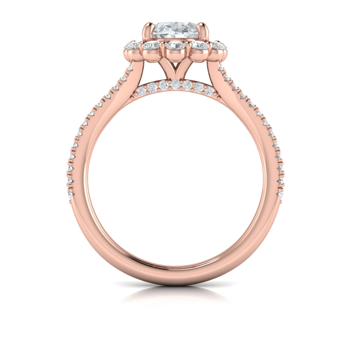 14K Rose Gold Oval Diamond Halo Split Shank Ring