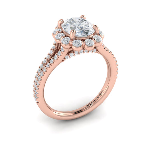 14K Rose Gold Oval Diamond Halo Split Shank Ring