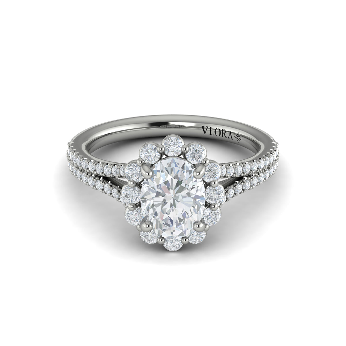 Platinum Oval Diamond Split Shank Halo Engagement Ring