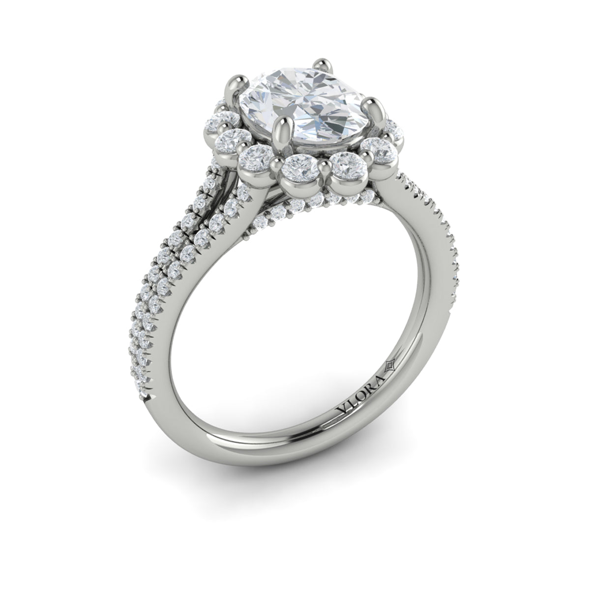 Platinum Oval Diamond Split Shank Halo Engagement Ring