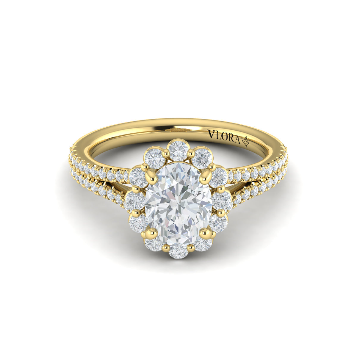 14kt Yellow Gold Oval Diamond Halo Split Shank Ring
