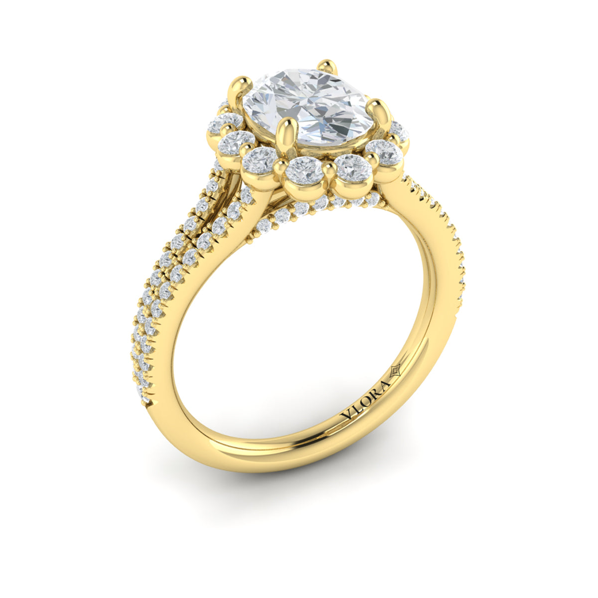 14kt Yellow Gold Oval Diamond Halo Split Shank Ring