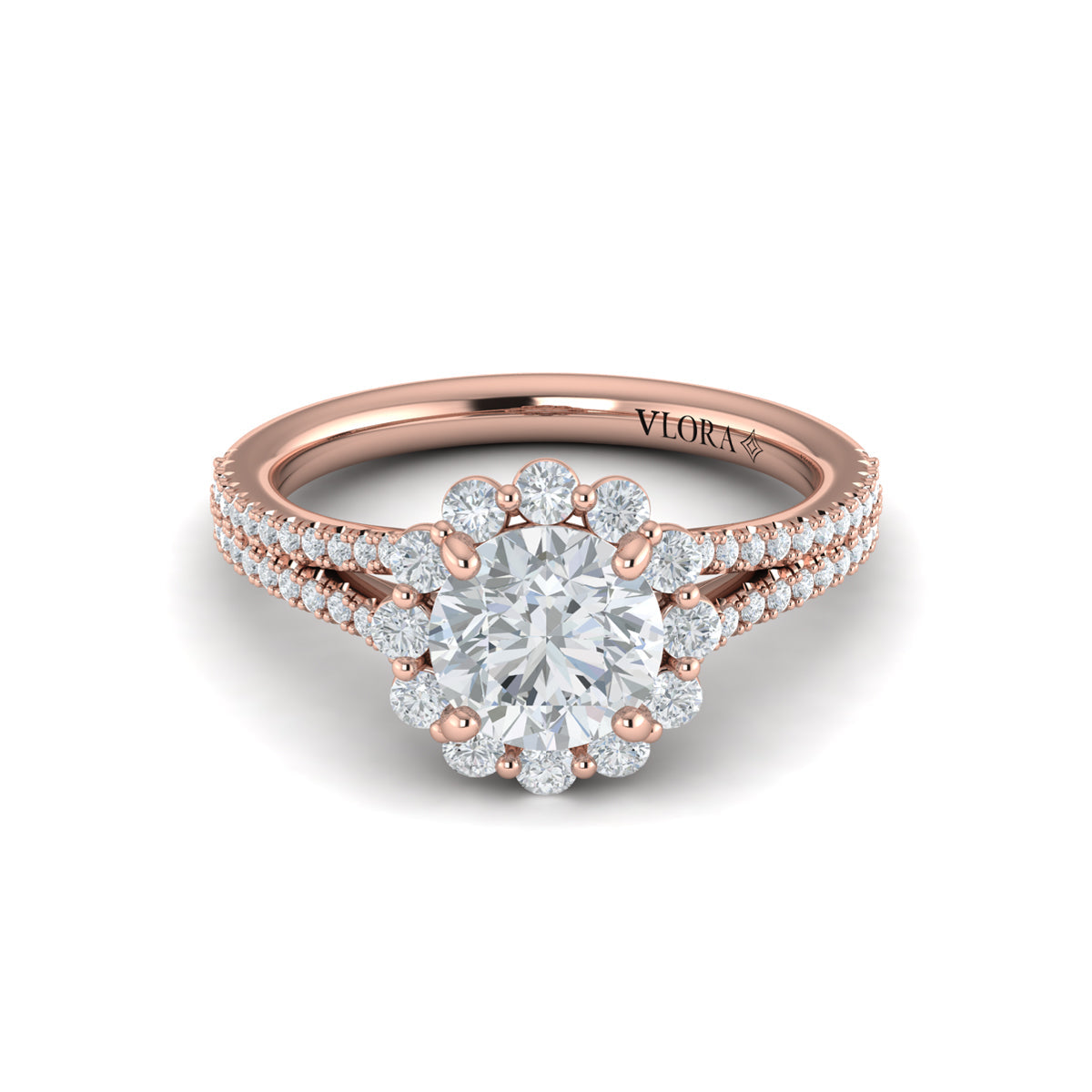 14kt Rose Gold Round Diamond Floral Halo Engagement Ring
