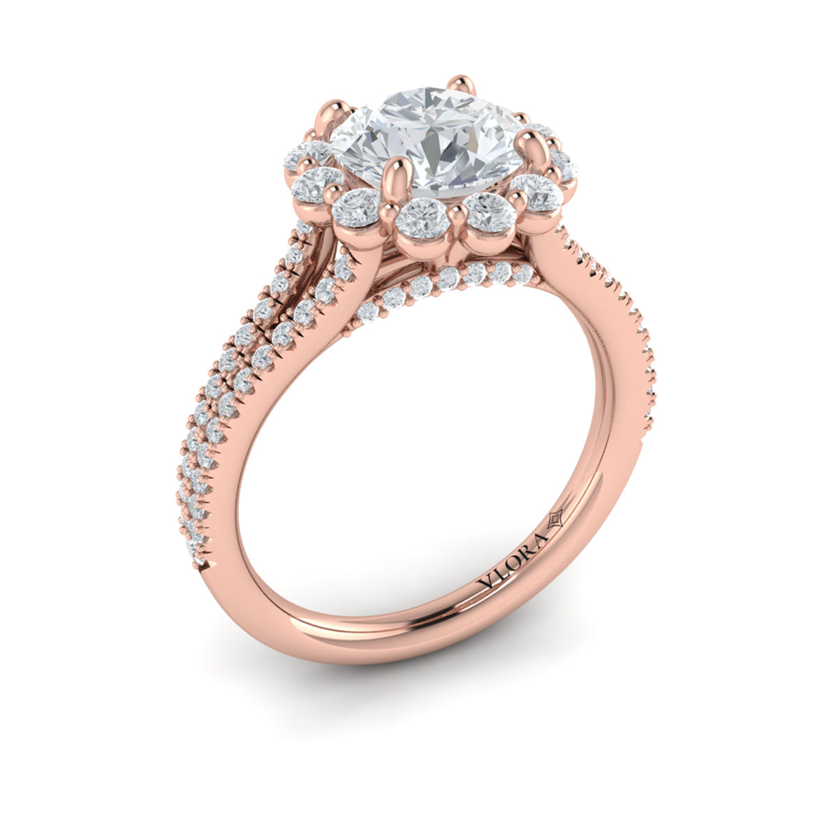 14kt Rose Gold Round Diamond Floral Halo Engagement Ring