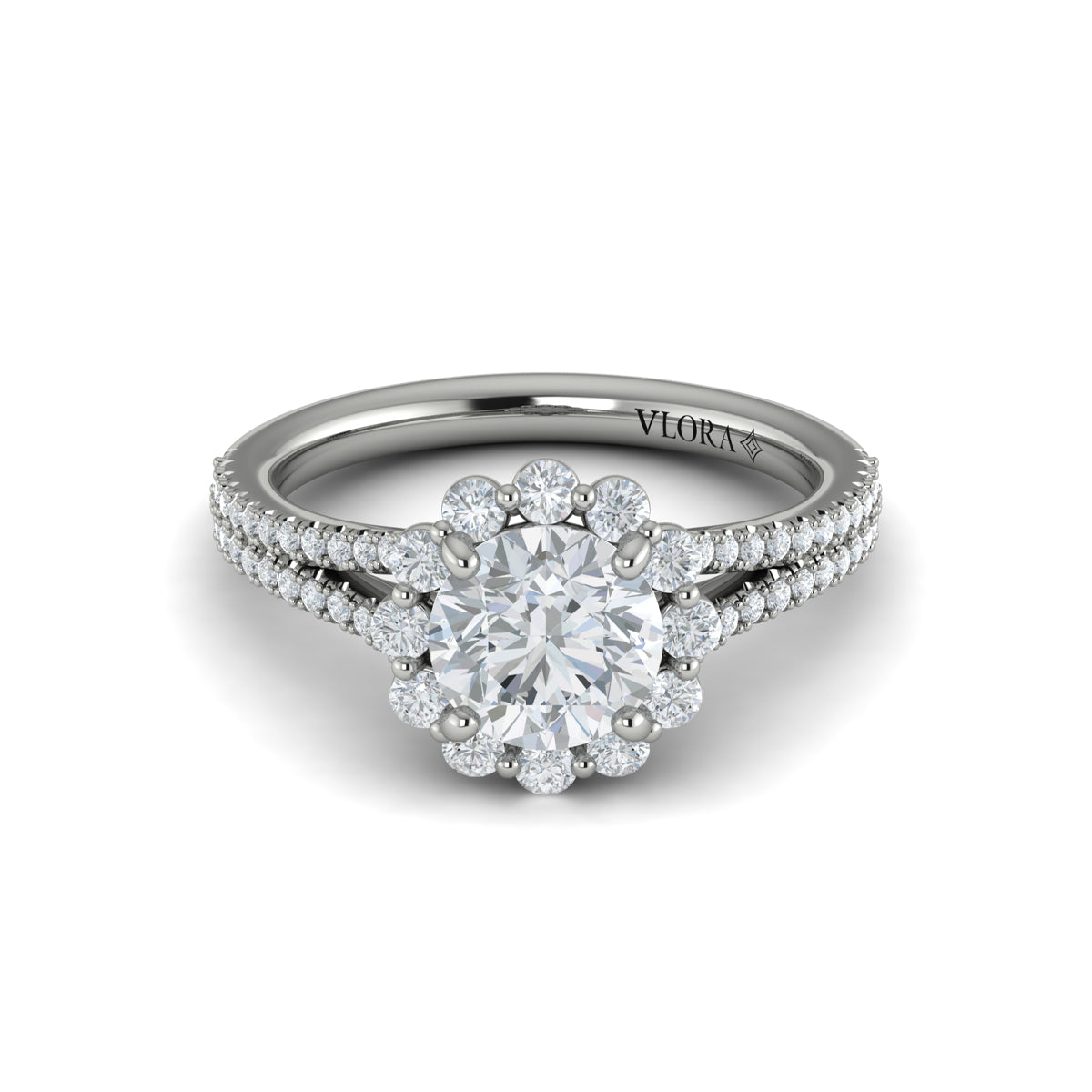 14K White Gold Floral Halo Diamond Engagement Ring