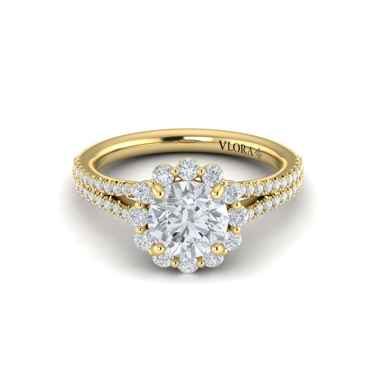 14kt Yellow Gold Round Diamond Floral Halo Ring